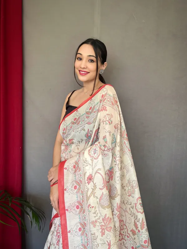 white_&_Red_Pure_Malai_Cotton_Sarees_With_Katha_Print_Work_With_Blouse_Piece_Attached
